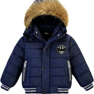 Stylish Toddler Boys Girls Warm Navy Down AlternativeJacket Fur Collar Hood
